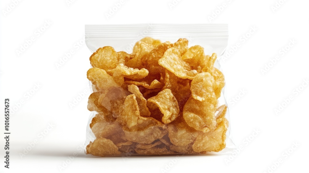 A sleek package of crispy pork rinds with modern labeling, placed on a white background for a fresh, clean presentation. A sleek package of crispy pork rinds with modern labeling, placed on a white background for a fresh, clean presentation.