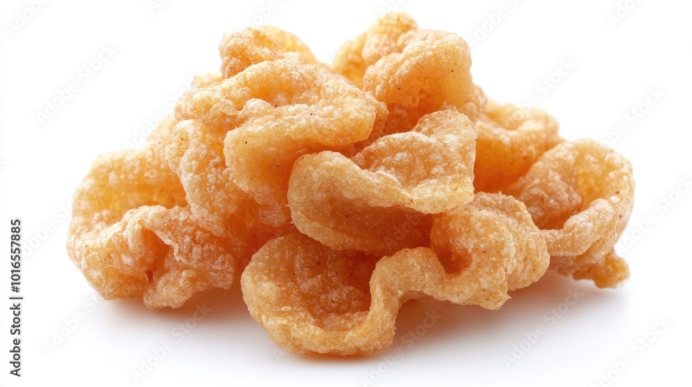 A small stack of pork rinds isolated on a pristine white background, showcasing their crunchy, savory texture.