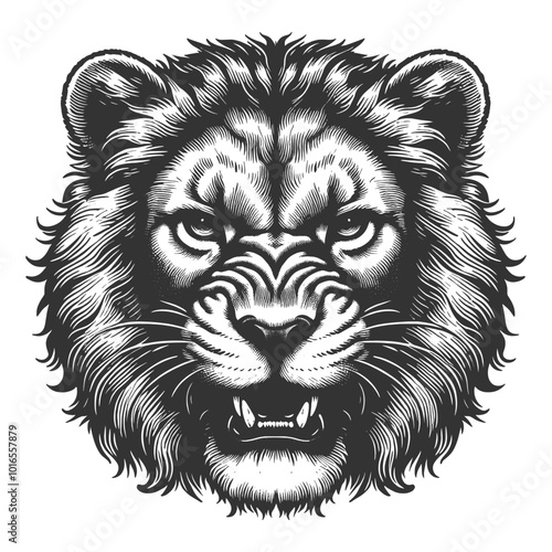 Fierce Lion Head Roaring tattoo growling sketch engraving generative ai vector illustration. Scratch board imitation. Black and white image.