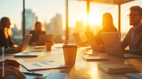 Creative Team Meeting in Modern Office During Golden Hour Brainstorming