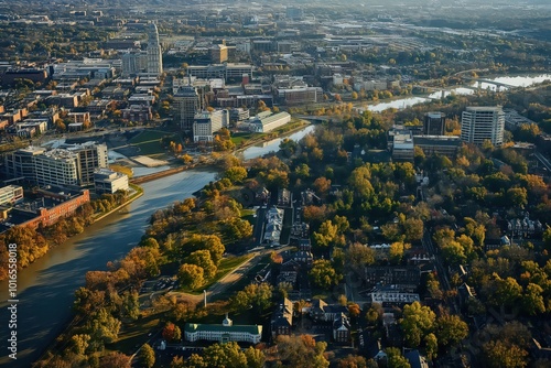 Aerial view of Virginia cityscape with river, modern buildings. Richmond Fan District, University. Urban design with mix of tall, short structures. River surrounded by trees, plants. Warm golden photo