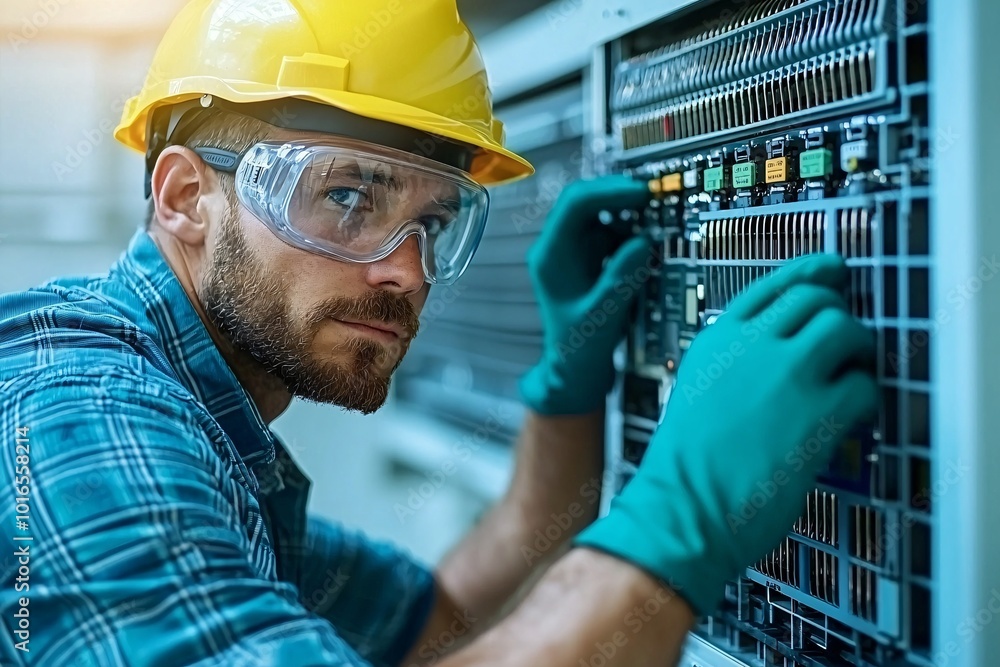 Electrician Working on Electrical Panel. Electrician Working on Electrical Panel.