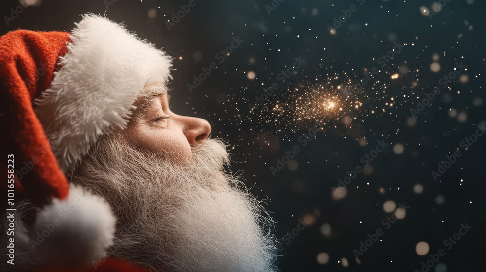 joyful Santa Claus with fluffy white beard and red hat gazes thoughtfully, surrounded by sparkling lights and magical atmosphere joyful Santa Claus with fluffy white beard and red hat gazes thoughtfully, surrounded by sparkling lights and magical atmosphere