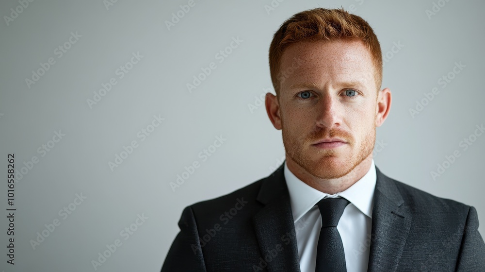 Determined man in his 30s with red hair wearing a suit, looking confident and focused in a professional portrait setting Determined man in his 30s with red hair wearing a suit, looking confident and focused in a professional portrait setting