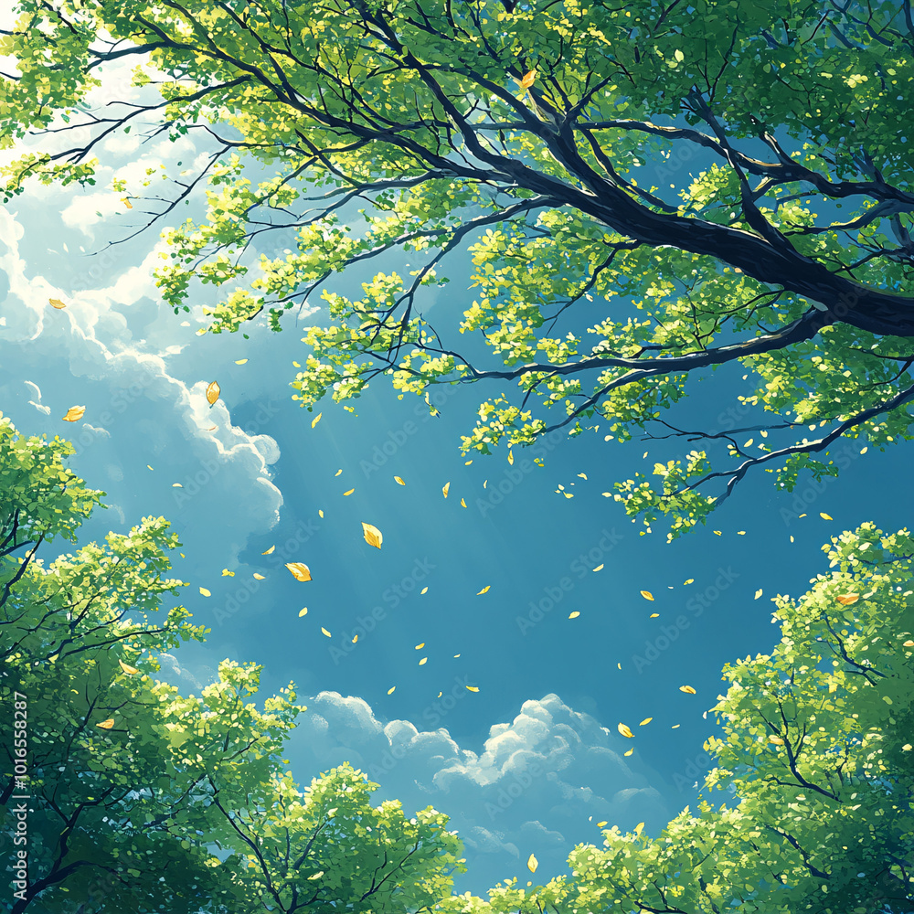 Simple illustration of a windy day, tree branches swaying, leaves blowing in the wind, bright sky, minimal details, movement and nature, high quality Simple illustration of a windy day, tree branches swaying, leaves blowing in the wind, bright sky, minimal details, movement and nature, high quality