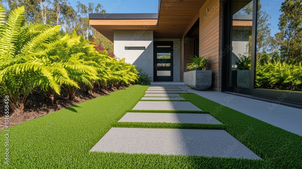 Lush fern green artificial turf enhancing the front of a modern home with a minimalist concrete walkway Lush fern green artificial turf enhancing the front of a modern home with a minimalist concrete walkway