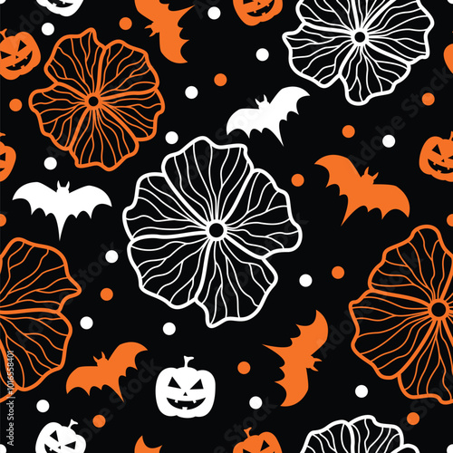 Flowers Bats and Pumpkins Halloween Pattern