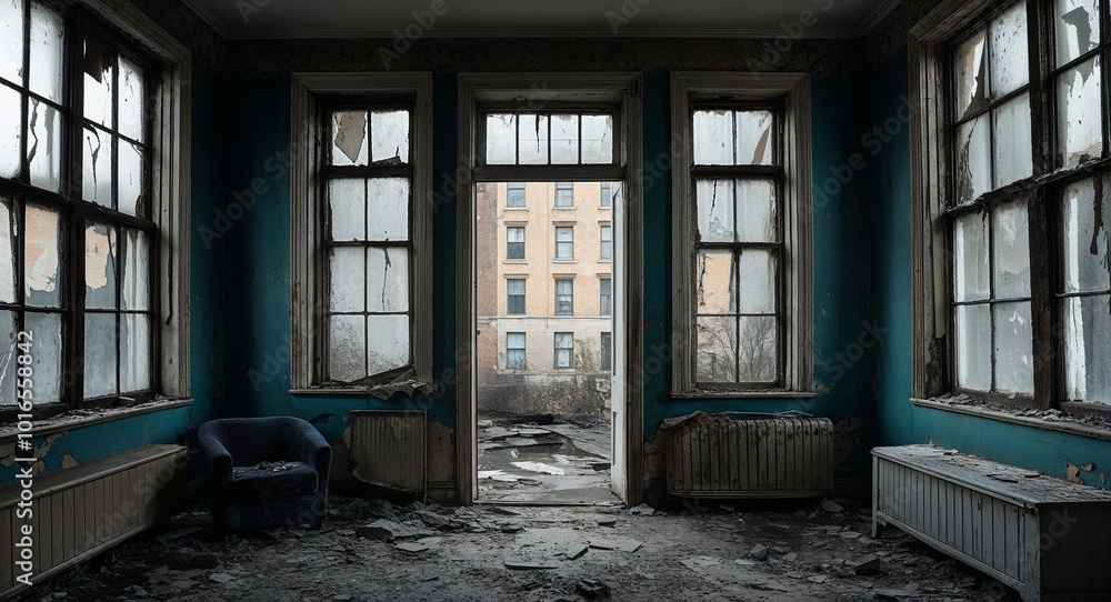 Creepy old hotel with broken windows and peeling wallpaper Creepy old hotel with broken windows and peeling wallpaper