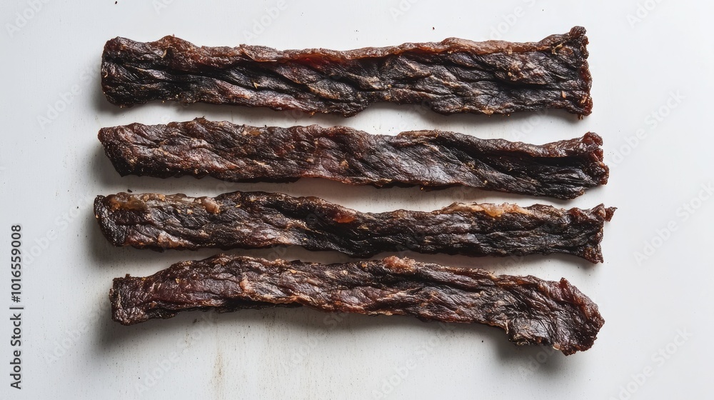 Beef jerky strips laid out flat on a white surface, showcasing the dried, chewy texture and dark, rich color. Beef jerky strips laid out flat on a white surface, showcasing the dried, chewy texture and dark, rich color.