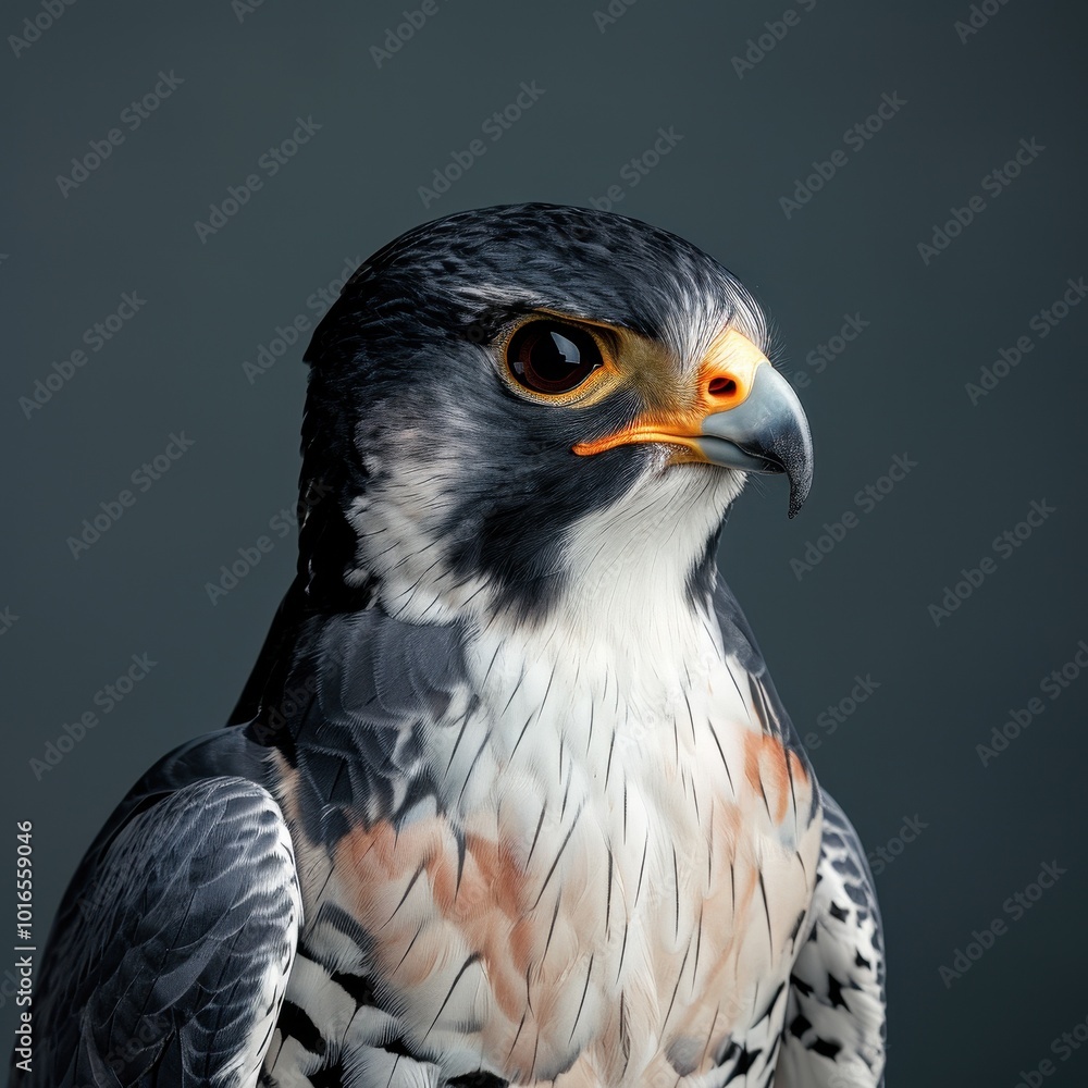 Portrait of a majestic falcon in a studio setting, showcasing its striking plumage and piercing gaze Portrait of a majestic falcon in a studio setting, showcasing its striking plumage and piercing gaze