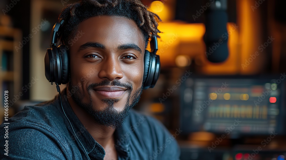 portrait of male radio host,headphones in studio looking at camera.stock image portrait of male radio host,headphones in studio looking at camera.stock image