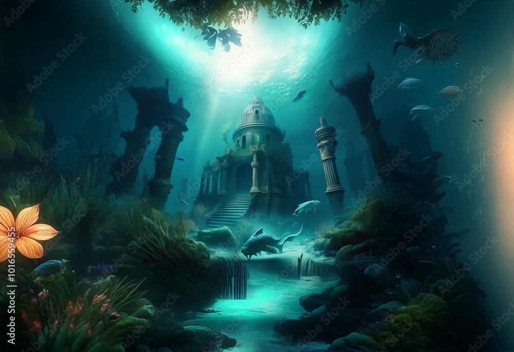 An underwater scene with a stone structure with columns and a dome. There are various fish swimming and a large orange flower in the foreground. An underwater scene with a stone structure with columns and a dome. There are various fish swimming and a large orange flower in the foreground.