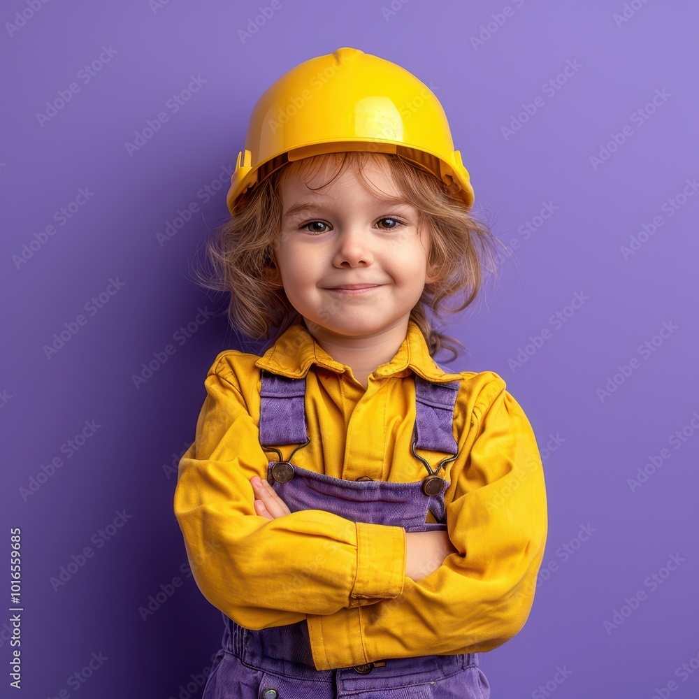 Cheerful young child in construction outfit posing confidently against a purple background Cheerful young child in construction outfit posing confidently against a purple background