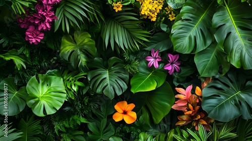 A lush tropical jungle, filled with vibrant green plants and colorful flowers.