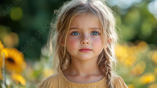 portrait of small girl outdoors in garden crying.stock image