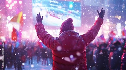 Celebrating Winter Sports at Night with Energetic Fireworks and Vibrant Crowd