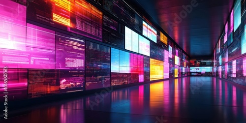 Wallpaper Mural A digital display interface with a wall of colorful screens showcasing real-time data, cyberpunk aesthetic, empty space for advertising Torontodigital.ca