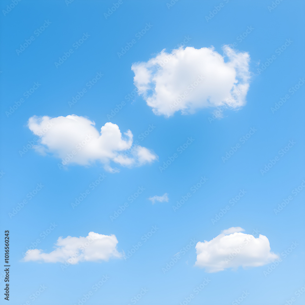 Four puffy white clouds in clear blue sky, Generative AI Four puffy white clouds in clear blue sky, Generative AI