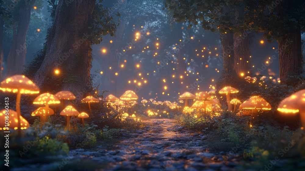 Fototapeta premium A magical forest with glowing mushrooms, fireflies floating in the air.