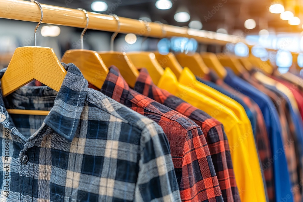 Checkered Shirts Hanging on Wooden Hangers.