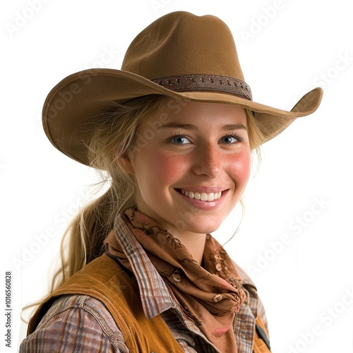 Cheerful young woman in cowboy attire posing for a portrait