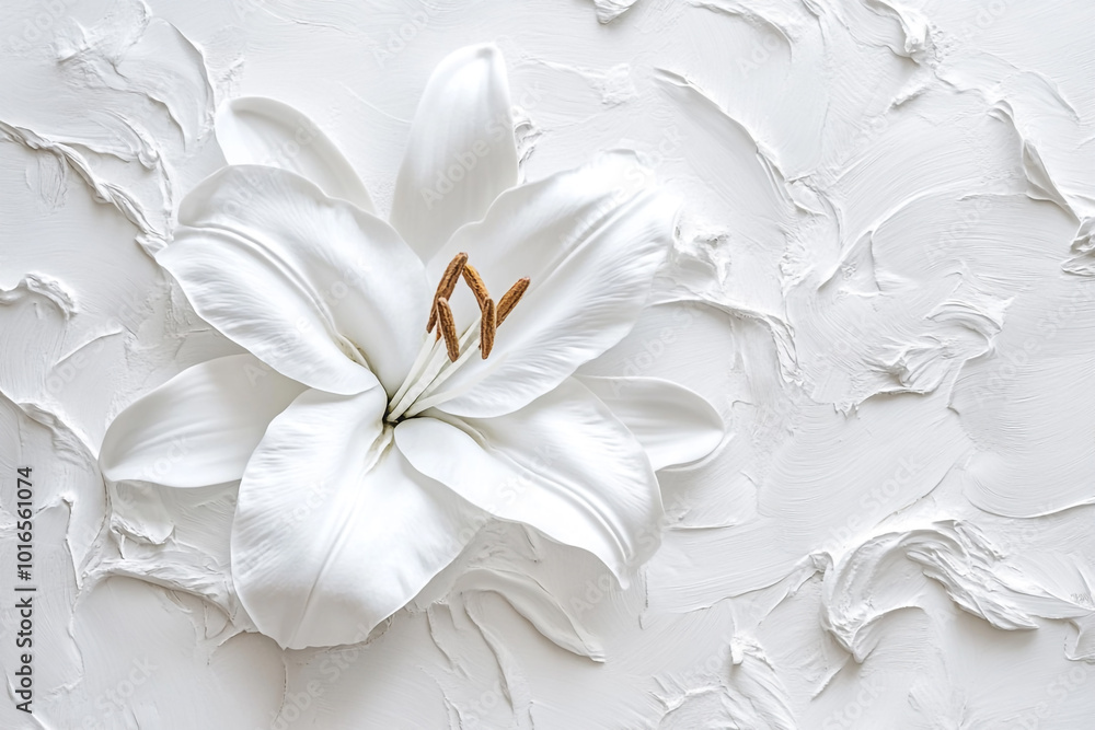 Fototapeta premium Abstract white background with a three-dimensional flower. A white lily on a textured surface, an elegant and delicate wallpaper design for wall art or a mural. 