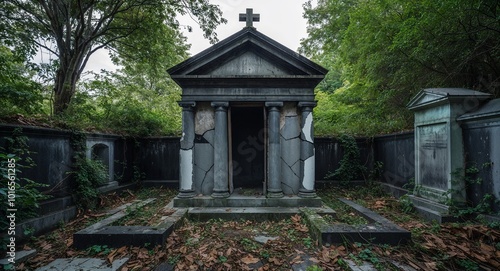 Forgotten mausoleum with cracked walls and surrounded by wild foliage