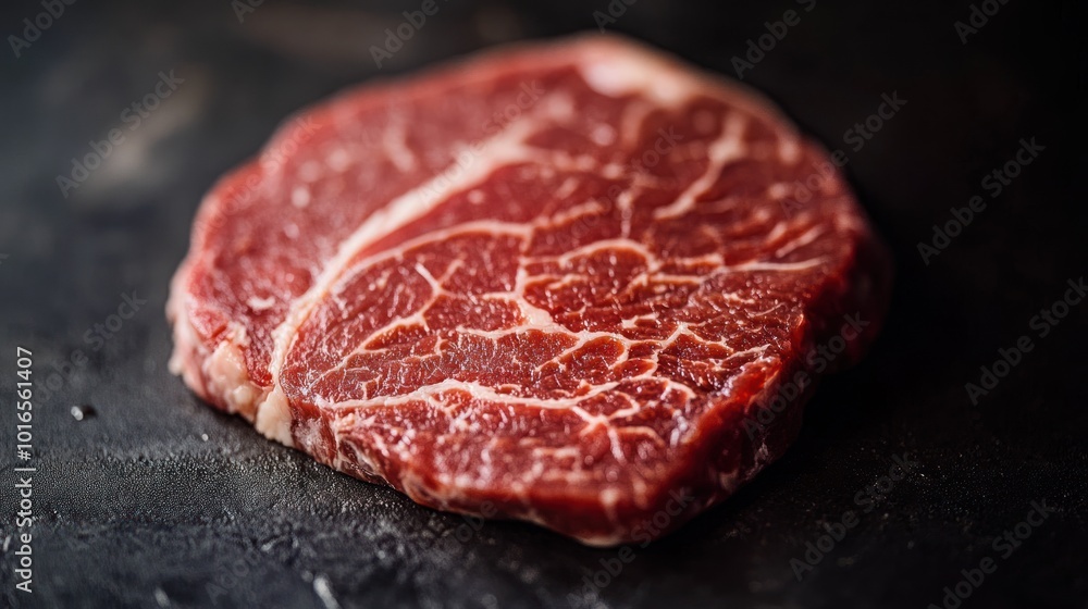 A raw piece of marbled beef steak on a dark surface, showcasing its rich texture and color. A raw piece of marbled beef steak on a dark surface, showcasing its rich texture and color.