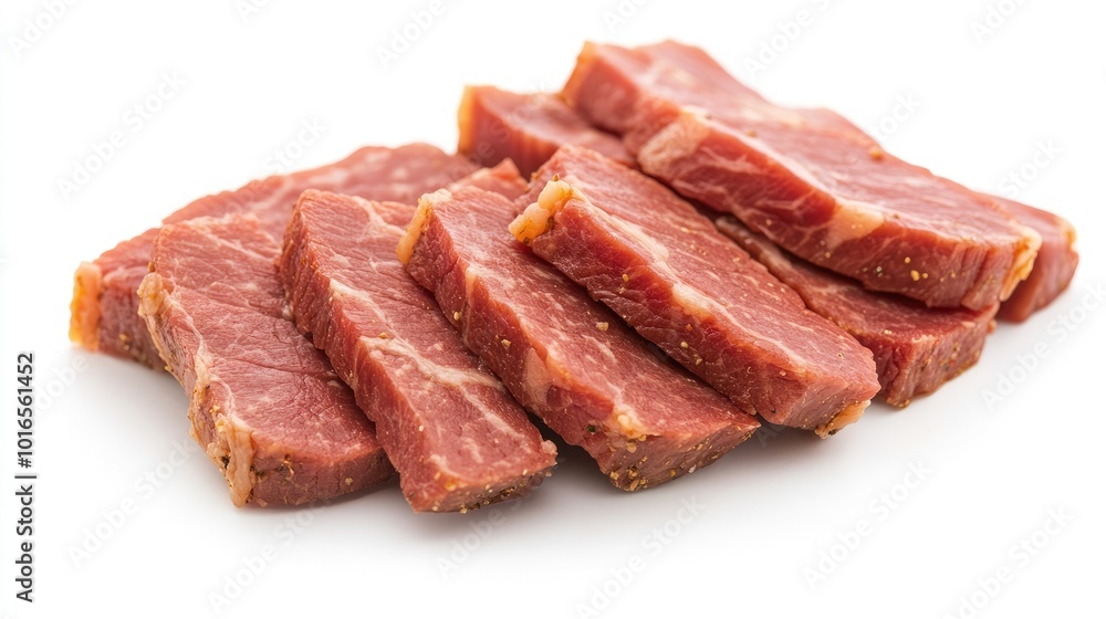 Juicy corned beef slices, perfectly arranged on a clean white background, highlighting the marbling and deep flavors. Juicy corned beef slices, perfectly arranged on a clean white background, highlighting the marbling and deep flavors.