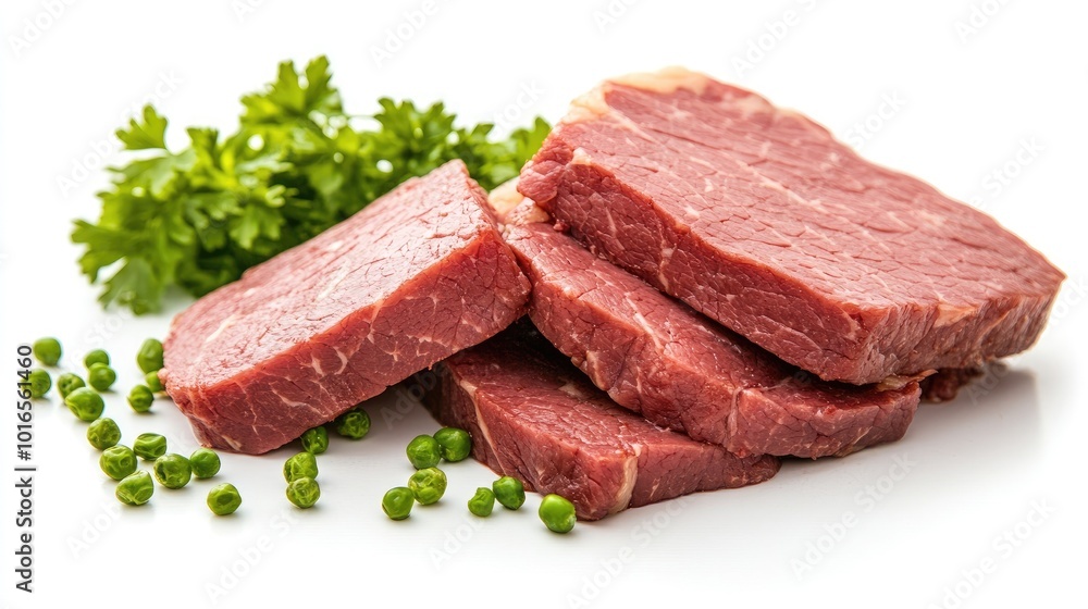 Juicy corned beef slices, perfectly arranged on a clean white background, highlighting the marbling and deep flavors. Juicy corned beef slices, perfectly arranged on a clean white background, highlighting the marbling and deep flavors.