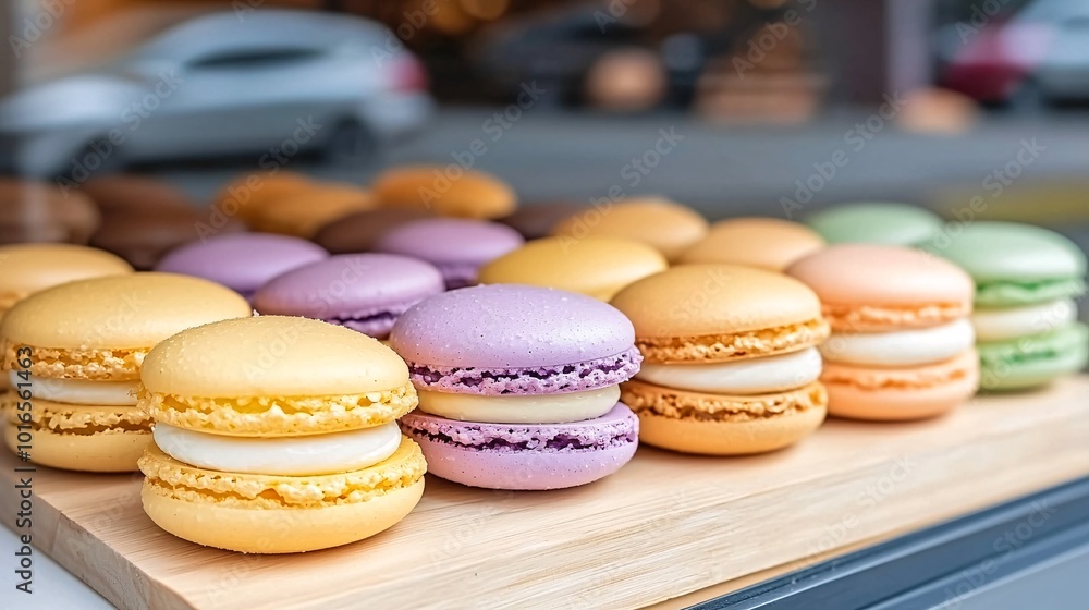 Close-up of Colorful Macarons on a Wooden Board. Close-up of Colorful Macarons on a Wooden Board.