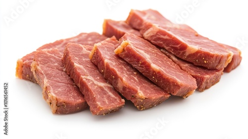 Juicy corned beef slices, perfectly arranged on a clean white background, highlighting the marbling and deep flavors.