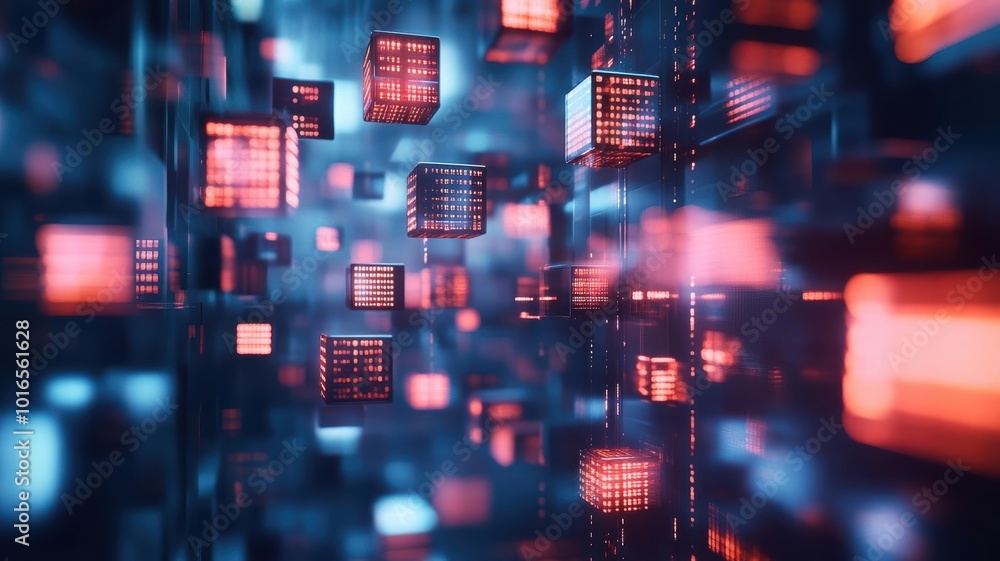 A futuristic display of floating digital cubes made of binary code, representing data processing in a tech environment, empty space for advertising A futuristic display of floating digital cubes made of binary code, representing data processing in a tech environment, empty space for advertising