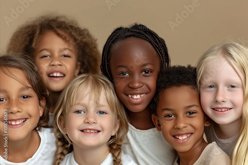 Group of diverse children smiling and looking at camera isolated on grey background