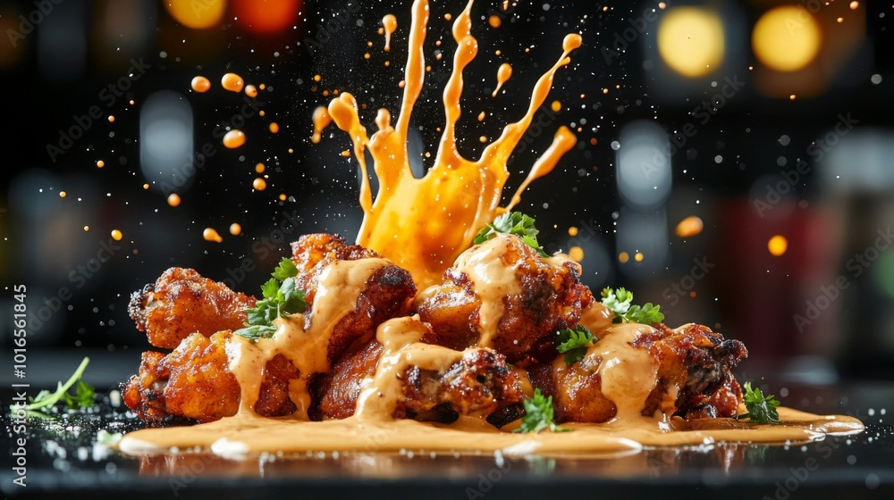 Close-up of Chicken Wings Covered in Orange Sauce with a Splash Close-up of Chicken Wings Covered in Orange Sauce with a Splash