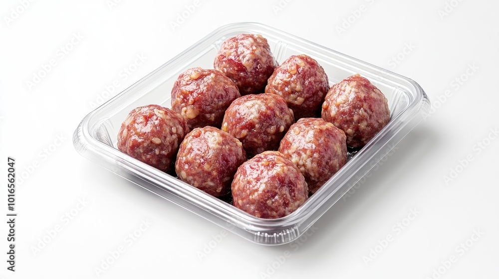 Packaged meatballs in a modern, transparent container, placed on a white surface to showcase the product's freshness. Packaged meatballs in a modern, transparent container, placed on a white surface to showcase the product's freshness.