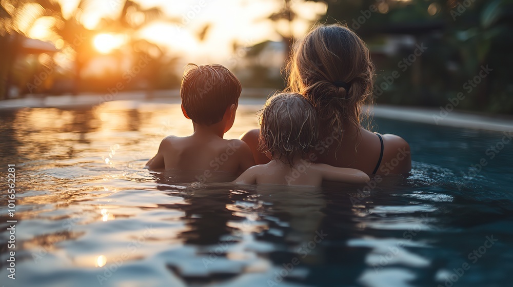 rear view of family,two small children by swimming pool outdoors.create by F.a rear view of family,two small children by swimming pool outdoors.create by F.a