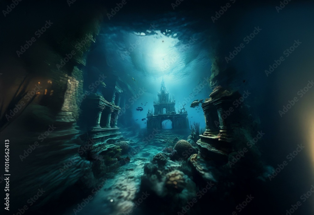 An underwater scene with a sunken structure, featuring a large building with arches, columns, and a path leading to it. An underwater scene with a sunken structure, featuring a large building with arches, columns, and a path leading to it.