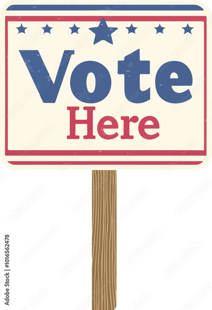 Vector illustration of simple 'Vote Here' election sign with a clean design, featuring a star and stripes, mounted on a wooden post to direct voters