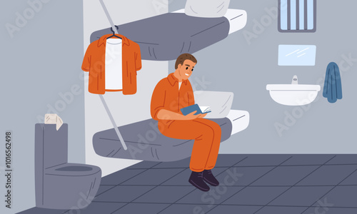 Man in prisoners cell. Serving time for crime. Violation of law. Guy in orange uniform reading book or bible. Jail interior. Convicted lawbreaker sitting on bed. Garish vector concept