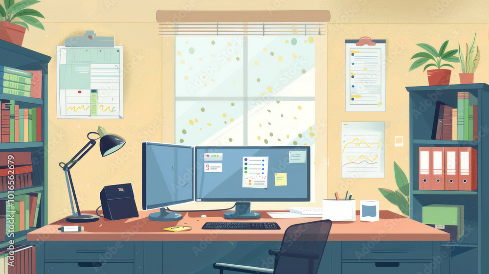 A school administrator's workspace with a dual monitor setup, digital tools, and organized files for managing educational resources. A school administrator's workspace with a dual monitor setup, digital tools, and organized files for managing educational resources.