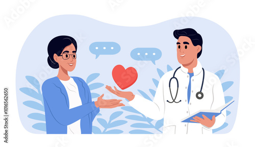 Young smiling doctor holding a heart. A doctor gives support and care to an elderly woman. Vector flat illustration