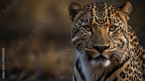 Close-up portrait of a leopard with intense gaze and beautiful markings against a blurred background.