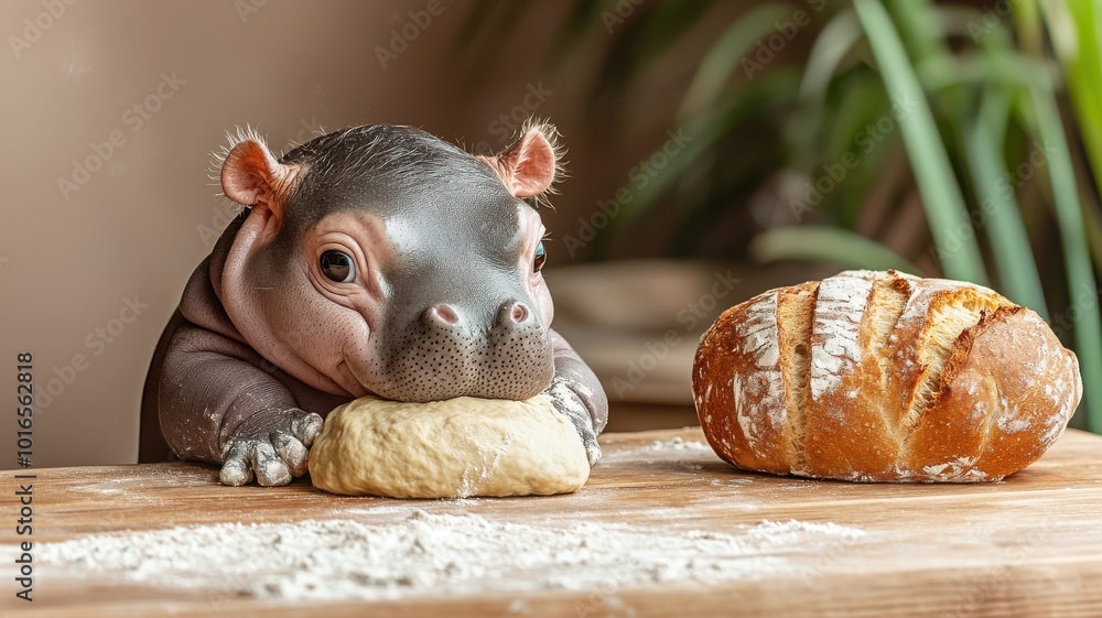 A cute baby hippo enjoying dough next to a loaf of bread on a kitchen table. A cute baby hippo enjoying dough next to a loaf of bread on a kitchen table.