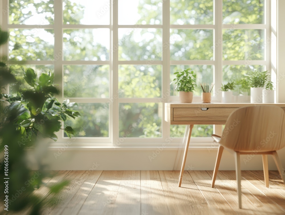 Fototapeta premium Serene Indoor Workspace with Lush Plants and Eco-Friendly Wooden Accents