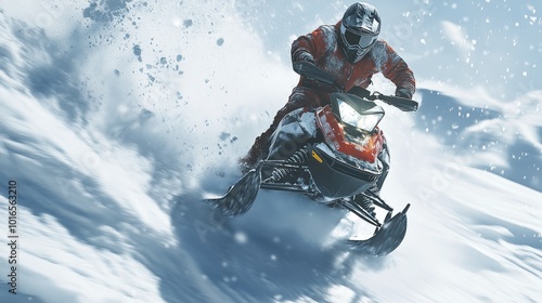 A snowmobile racing through deep snow in a winter landscape.