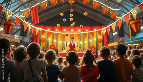 Children watching a show inside a decorated and lit circus tent, seen from behind.