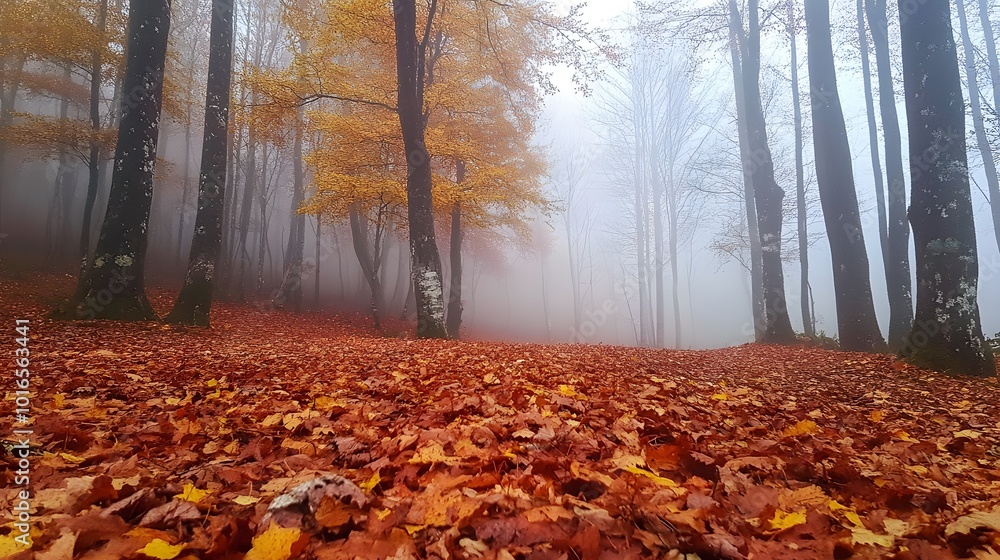 A misty forest in autumn, with golden and red leaves covering the ground.

