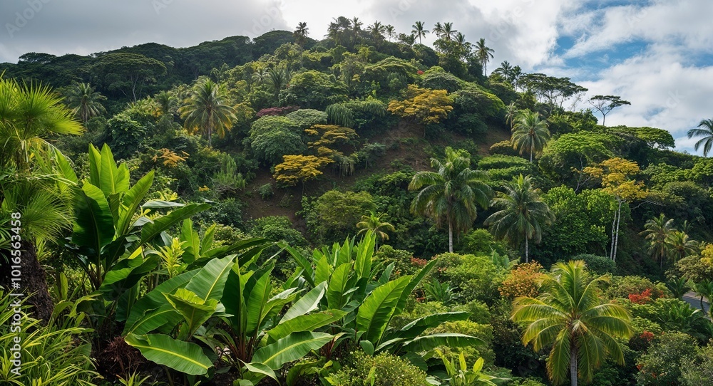 Fototapeta premium Lush hillside covered in tropical plants and trees
