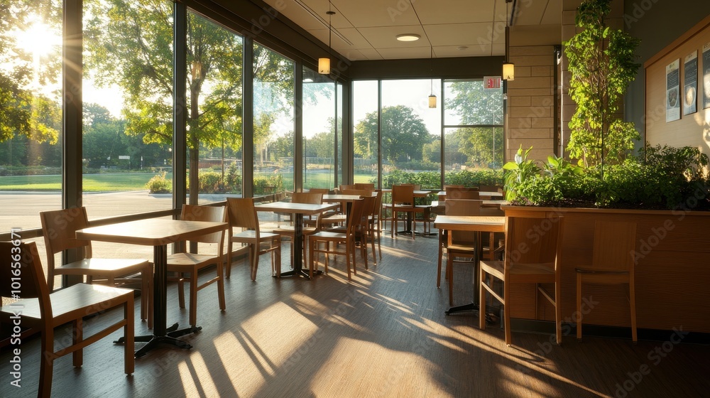 Fototapeta premium Eco-Friendly Cafeteria: Sustainable Wooden Furniture and Indoor Greenery